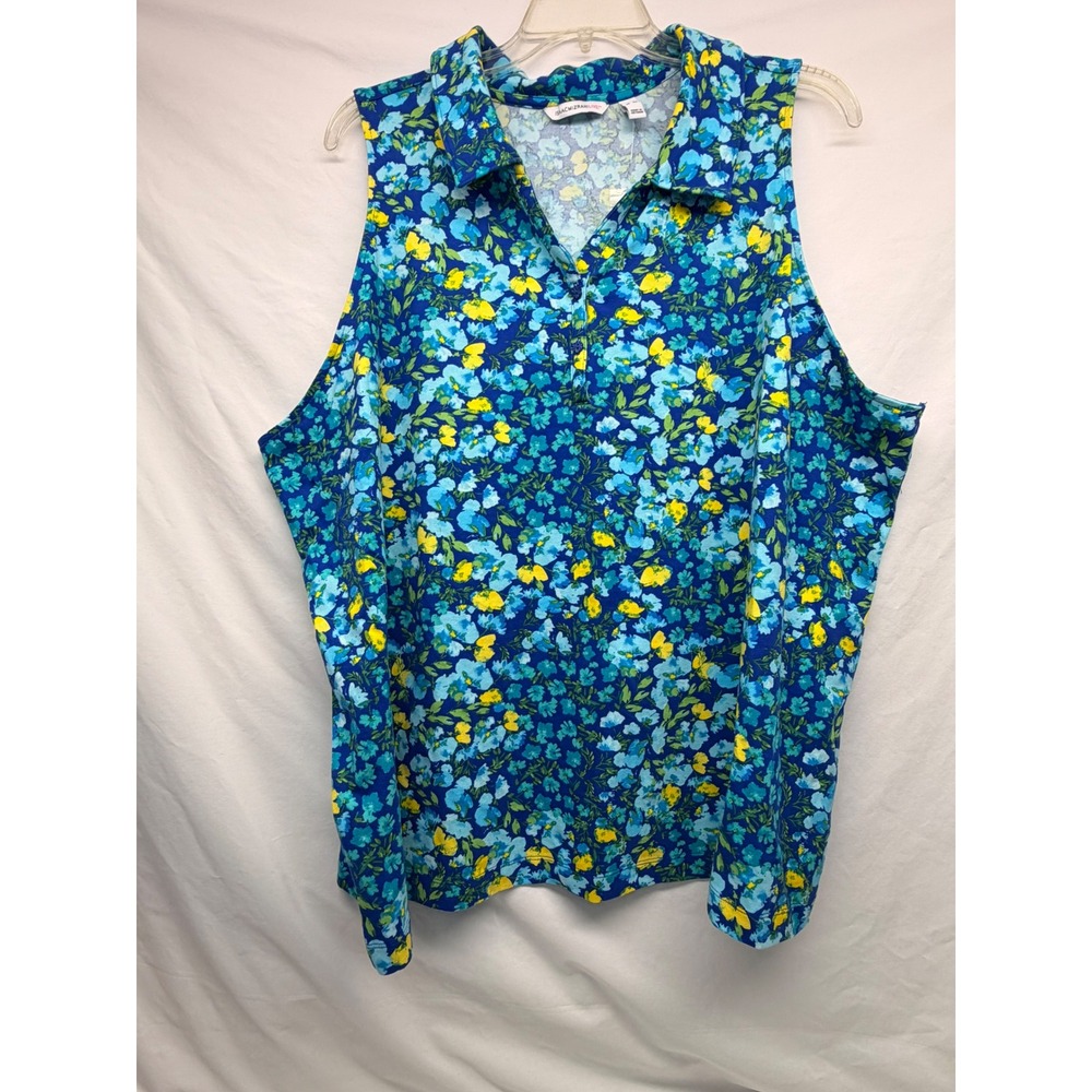 NWOT Isaac Mizrahi Live Womens 4X Blue Floral Sleeveless Polo Shirt Knit Top
